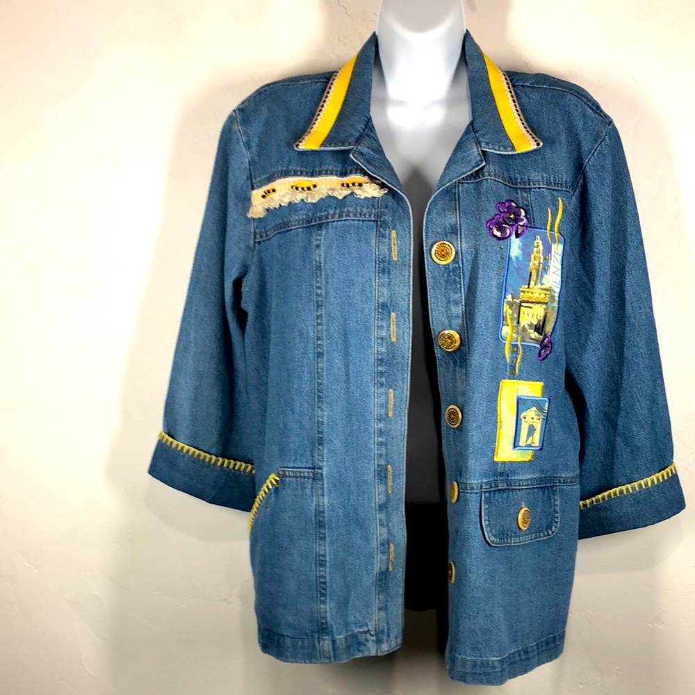 Nancy Bolen Petites for City Girl denim Italian themed jacket size 8